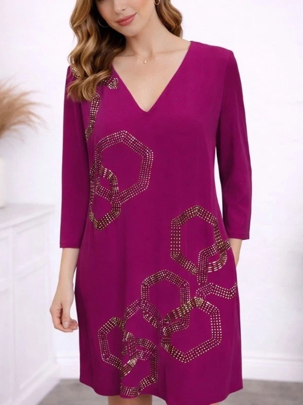 Trina Turk Magenta V-Neck Dress with Gold Studded Hexagon Accents